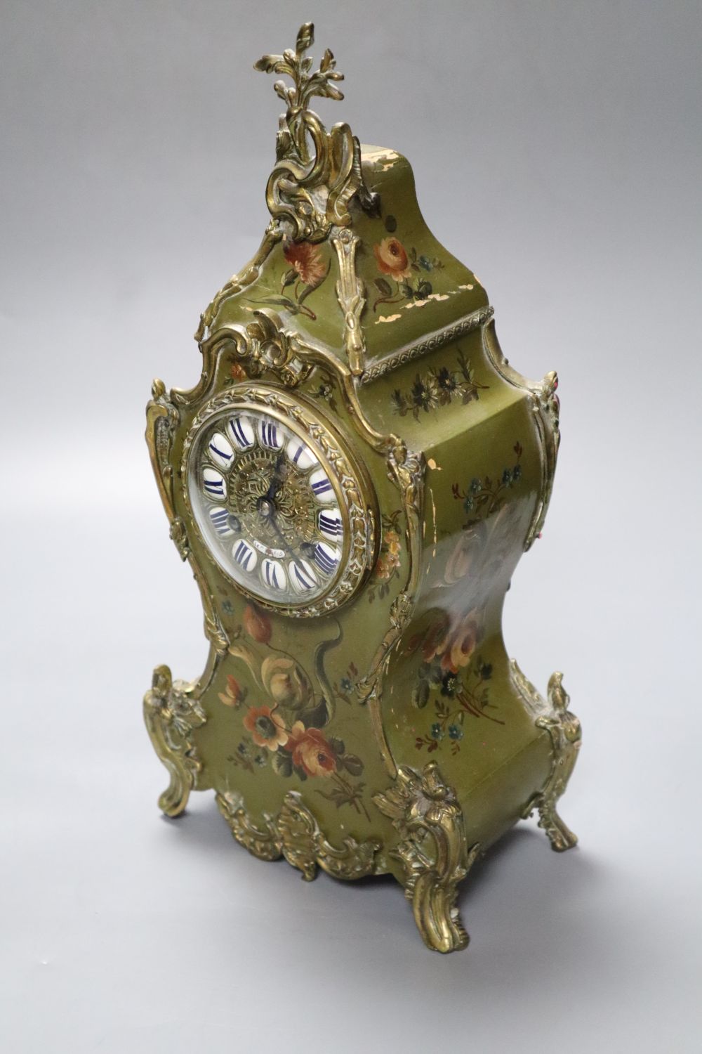 A Vernis Martin style mantel clock, with ormolu mounts, Japy Freres gong-striking movement, height 36cm
